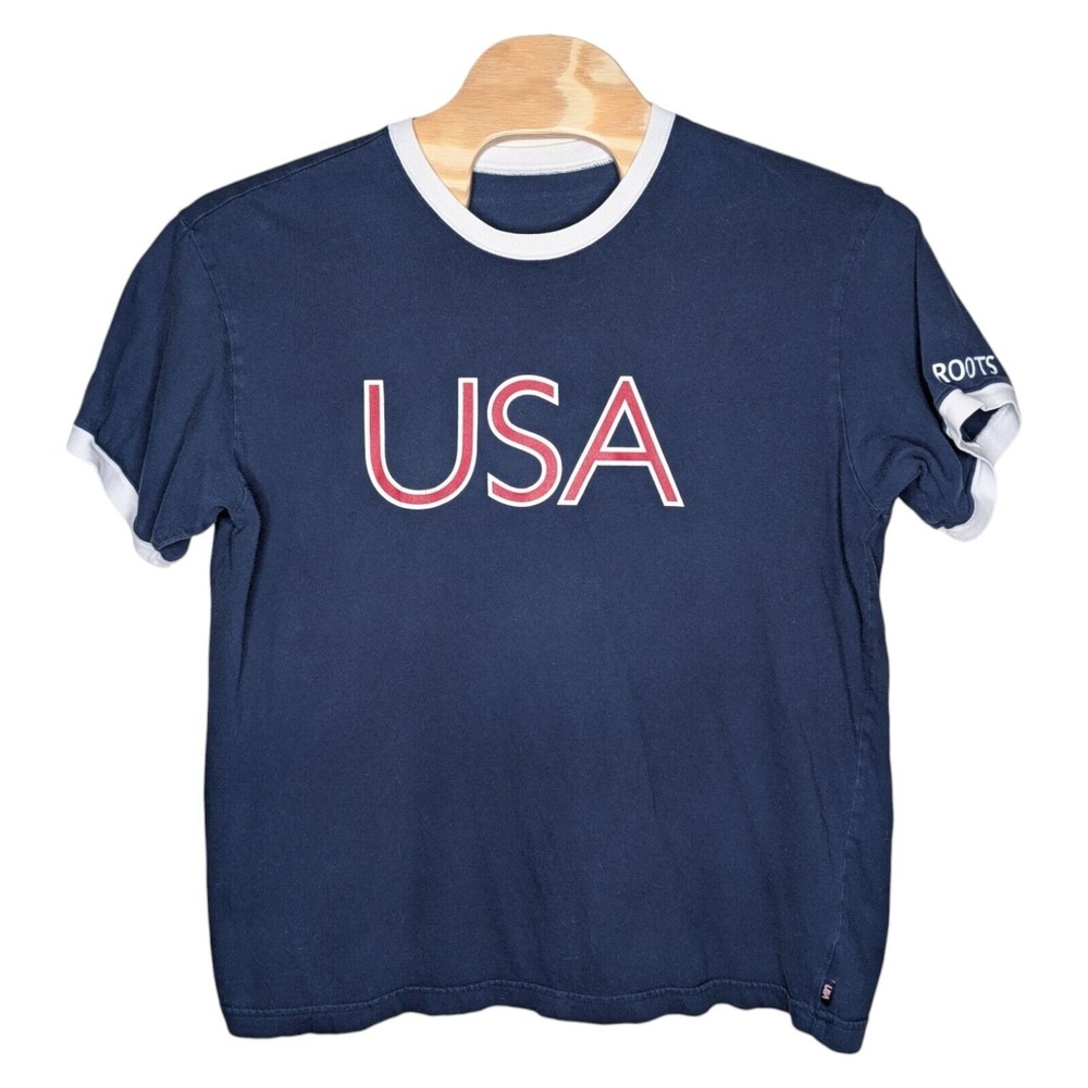 Vintage USA 2004 Athens Olympic Roots T Shirt Men XL Red White Blue Short Sleeve
